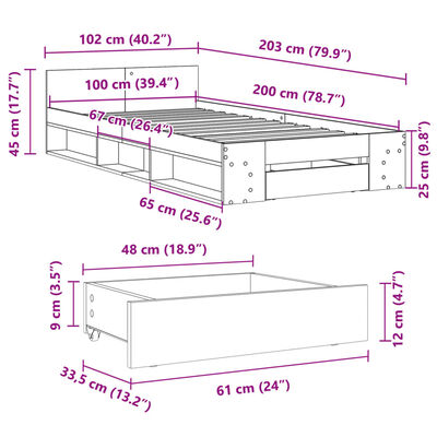 vidaXL Sängram med låda vit 100x200 cm konstruerat trä