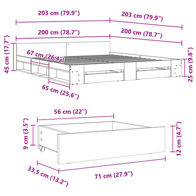 vidaXL Sängram med lådor sonoma-ek 200x200 cm konstruerat trä