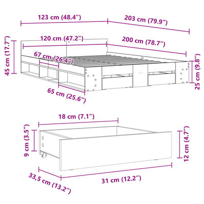 vidaXL Sängram med lådor vit 120x200 cm konstruerat trä