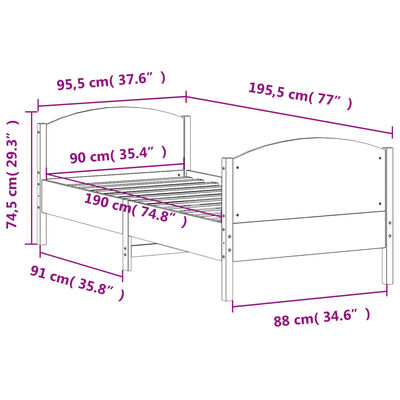 vidaXL Sängram med huvudgavel 90x190 cm massiv furu