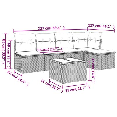 vidaXL Soffgrupp för trädgården med dynor 6 delar beige konstrotting