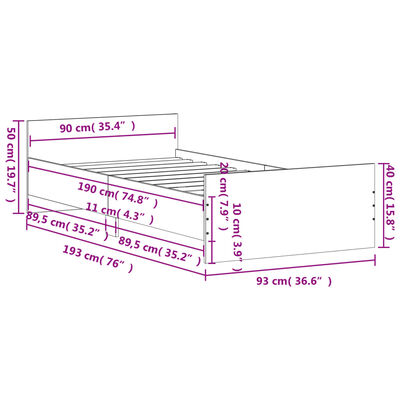 vidaXL Sängram utan madrass rökfärgad ek 90x190 cm konstruerad trä