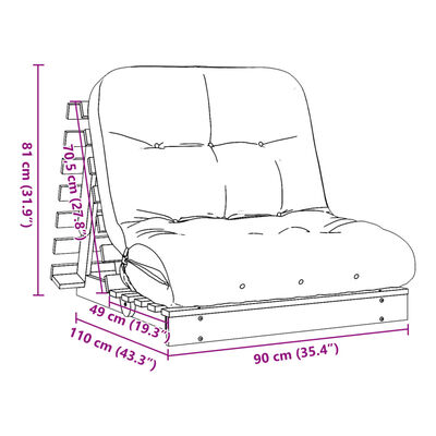 vidaXL Futonbäddsoffa med madrass 90x206x11 cm massivt douglasträ