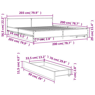 vidaXL Sängram med lådor sonoma-ek 200x200 cm konstruerat trä