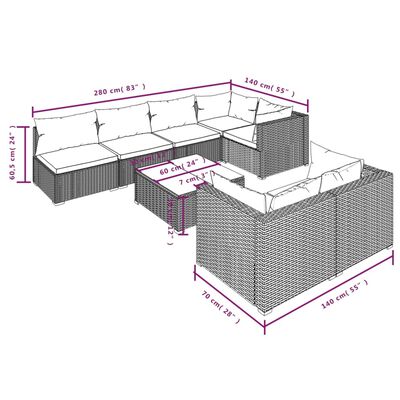 vidaXL Loungegrupp för trädgården med dynor 8 delar konstrotting brun