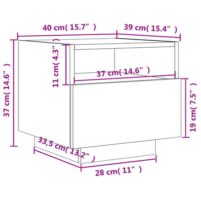 vidaXL Sängbord med LED-lampor grå sonoma 40x39x37 cm