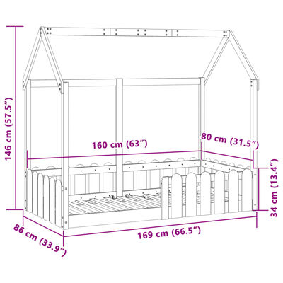 vidaXL Barnsäng med husram vaxad brun 80x160 cm massiv furu