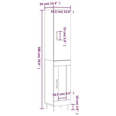 vidaXL Högskåp vit högglans 34,5x34x180 cm konstruerat trä