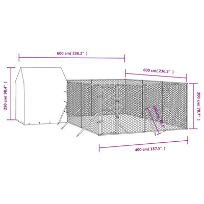 vidaXL Hundgård med tak silver 6x6x2,5 m galvaniserat stål