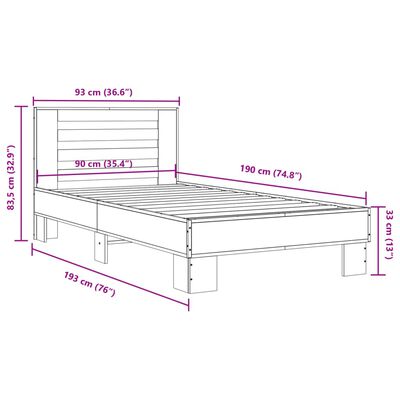 vidaXL Sängram rökfärgad ek 90x190 cm konstruerat trä och metall