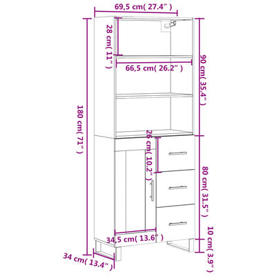 vidaXL Högskåp betonggrå 69,5x34x180 cm konstruerat trä