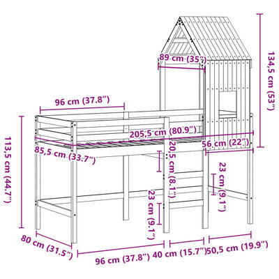 vidaXL Våningssäng med stege och tak 80x200 cm massiv furu