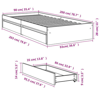 vidaXL Sängram med lådor sonoma-ek 90x200 cm konstruerat trä