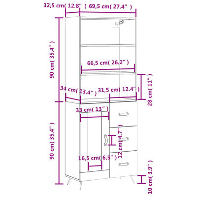 vidaXL Högskåp betonggrå 69,5x34x180 cm konstruerat trä