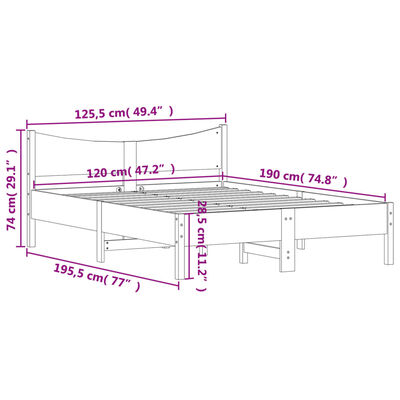 vidaXL Sängram utan madrass vit 120x190 cm massiv furu