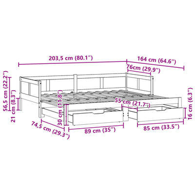 vidaXL Utdragbar dagbädd med lådor vit 80x200 cm massiv furu