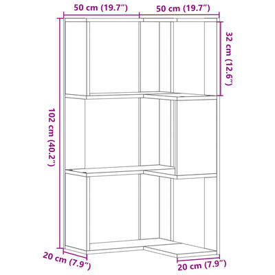 vidaXL Bokhylla hörn 3 hyllplan grå sonoma 50x50x102cm konstruerat trä