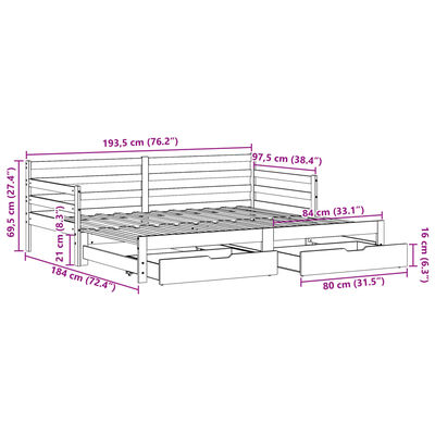 vidaXL Utdragbar dagbädd med lådor vit 90x190 cm massiv furu