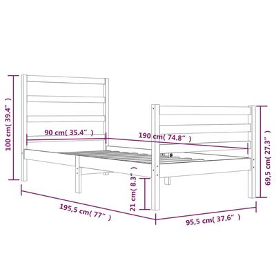 vidaXL Sängram massiv furu 90x190 cm