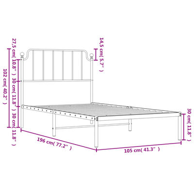 vidaXL Sängram med huvudgavel metall vit 100x190 cm