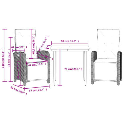 vidaXL Bistrogrupp med dynor 3 delar beige konstrotting