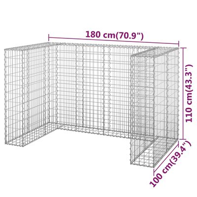 vidaXL Gabionmur för soptunnor galvaniserat stål 180x100x110 cm