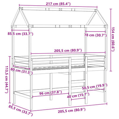 vidaXL Våningssäng med stege och tak vit 80x200 cm massiv furu