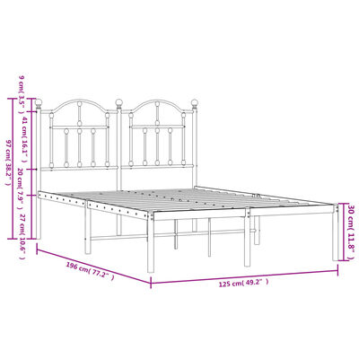 vidaXL Sängram med huvudgavel metall vit 120x190 cm