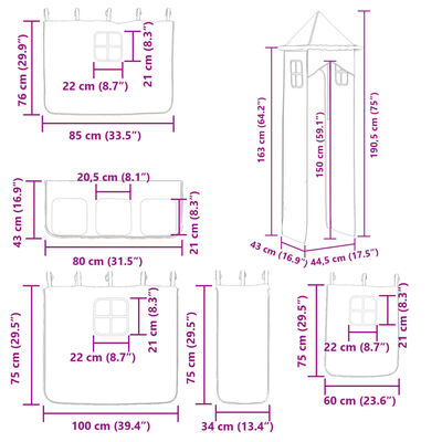 vidaXL Våningssäng med rutschkana och gardiner blå 80x200 cm