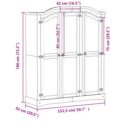 vidaXL Garderob Corona vit 151,5x52x186 cm massiv furu