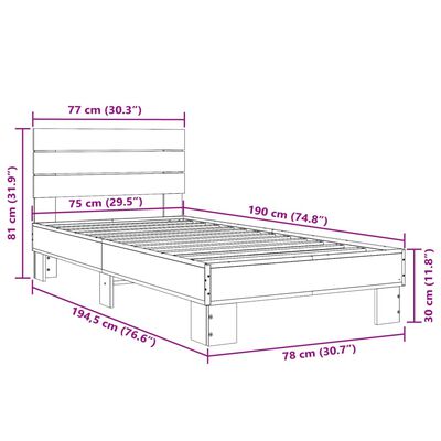 vidaXL Sängram brun ek 75x190 cm konstruerat trä och metall