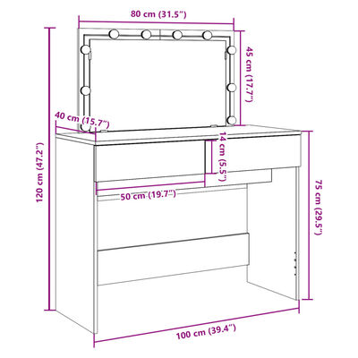 vidaXL Sminkbord med LED sonoma-ek 100x40x120 cm