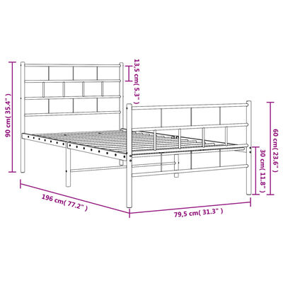 vidaXL Sängram med huvudgavel och fotgavel vit metall 75x190 cm