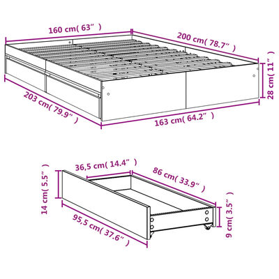 vidaXL Sängram med lådor sonoma-ek 160x200 cm konstruerat trä