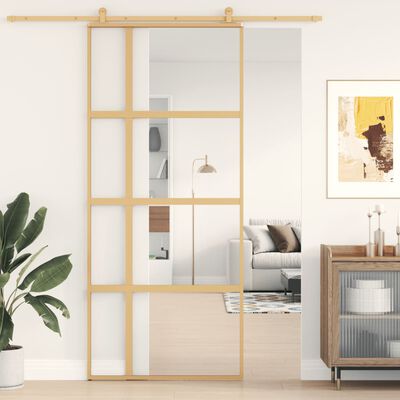 vidaXL Skjutdörr guld 90x205 cm klart ESG-glas och aluminium