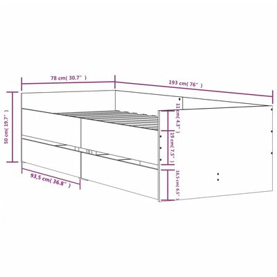 vidaXL Sängram med lådor rökfärgad ek 75x190 cm