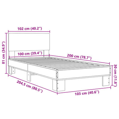 vidaXL Sängram rökfärgad ek 100x200 cm konstruerat trä och metall