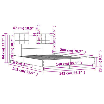 vidaXL Sängram med huvudgavel rökfärgad ek 140x200 cm konstruerat trä