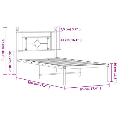 vidaXL Sängram med huvudgavel metall svart 90x190 cm