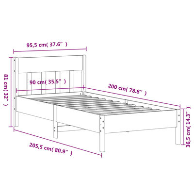 vidaXL Sängram utan madrass 90x200 cm massiv furu