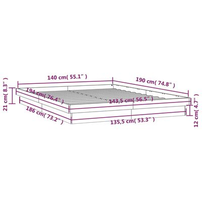 vidaXL Sängram med LED vaxad brun 140x190 cm massiv furu