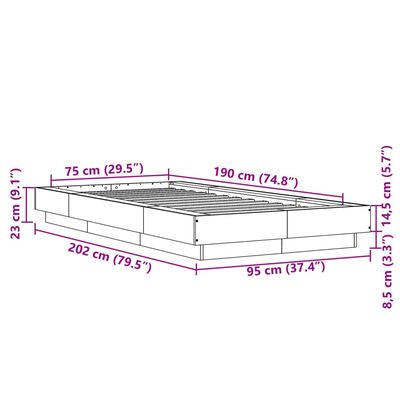 vidaXL Sängram med LEDs brun ek 75x190 cm konstruerad trä