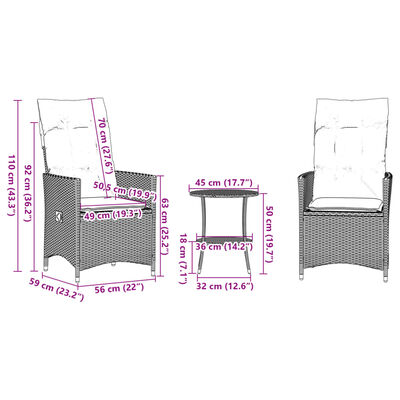 vidaXL Bistrogrupp med dynor 3 delar beige konstrotting