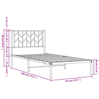 vidaXL Sängram med huvudgavel metall vit 90x190 cm