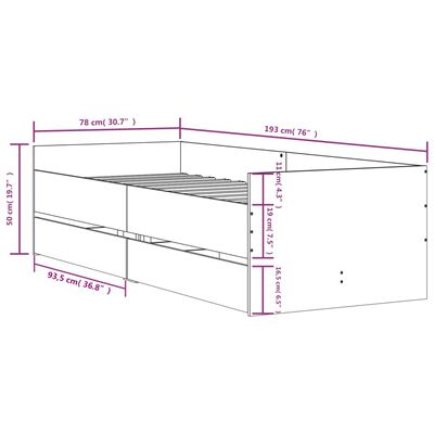 vidaXL Sängram med lådor betonggrå 75x190 cm