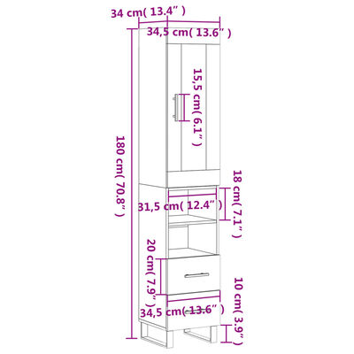 vidaXL Högskåp vit högglans 34,5x34x180 cm konstruerat trä