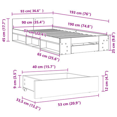 vidaXL Sängram med låda sonoma-ek 90x190 cm konstruerat trä