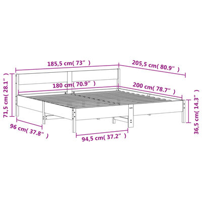 vidaXL Sängram utan madrass vit 180x200 cm massiv furu