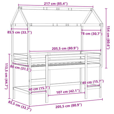 vidaXL Våningssäng med stege och tak vit 80x200 cm massiv furu