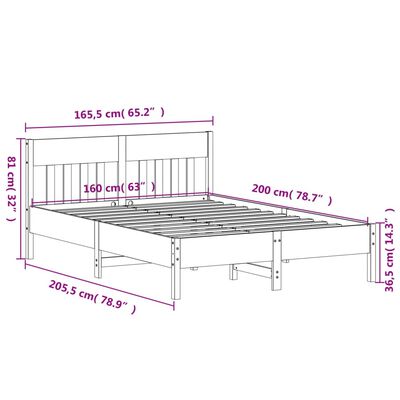 vidaXL Sängram utan madrass vaxbrun 160x200 cm massiv furu